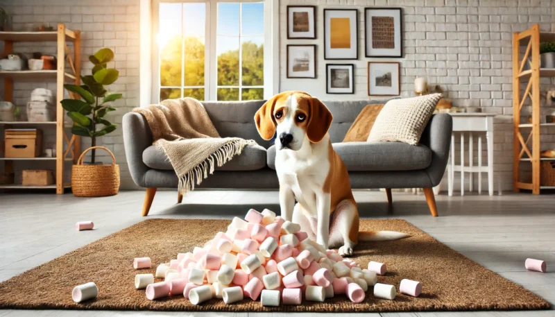 Dog and sweets, dog looking sad 